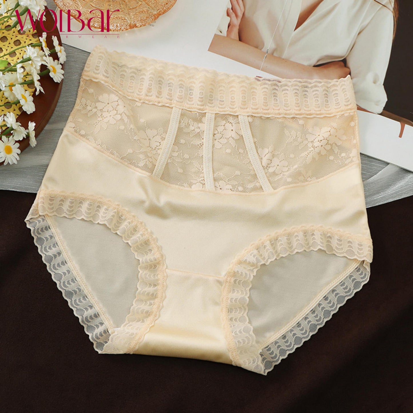 WolBar Chiloți de Dantelă de Damă - Set de 4，Căptușeală din Bumbac，45-90 kg și Peste